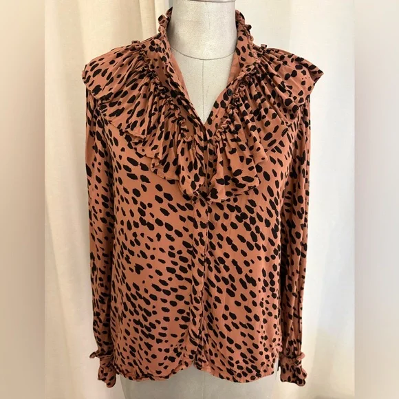 ZARA Animal Print Ruffle Blouse Blush Long Sleeve Button-Up Sz Small - Picture 11 of 13